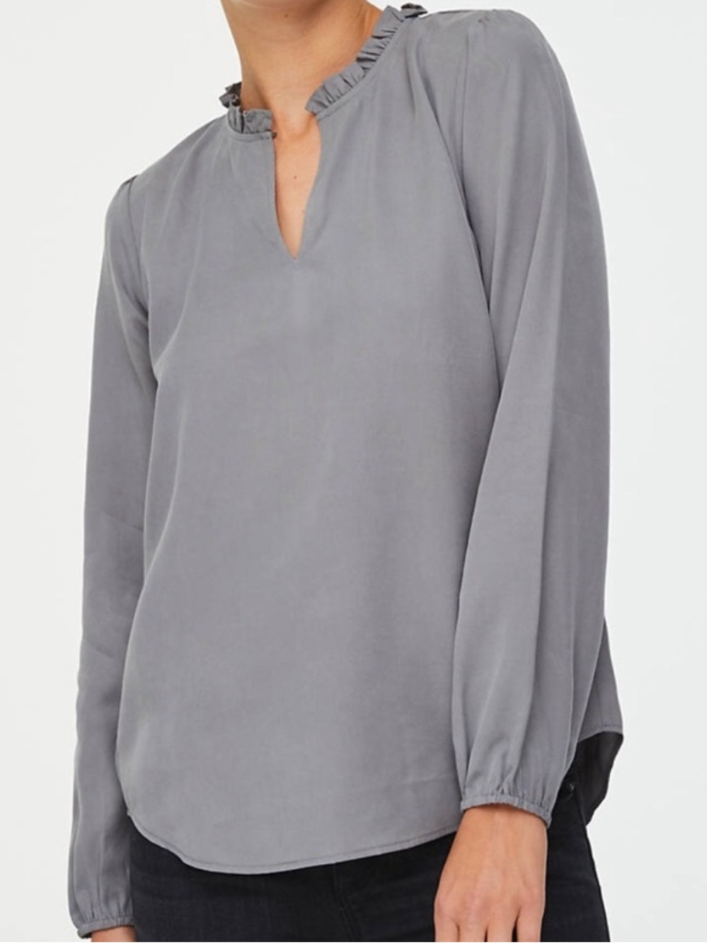 Ann Taylor a sheer, lightweight grey/lilac blouse, long sleeves, smocked cuffs.